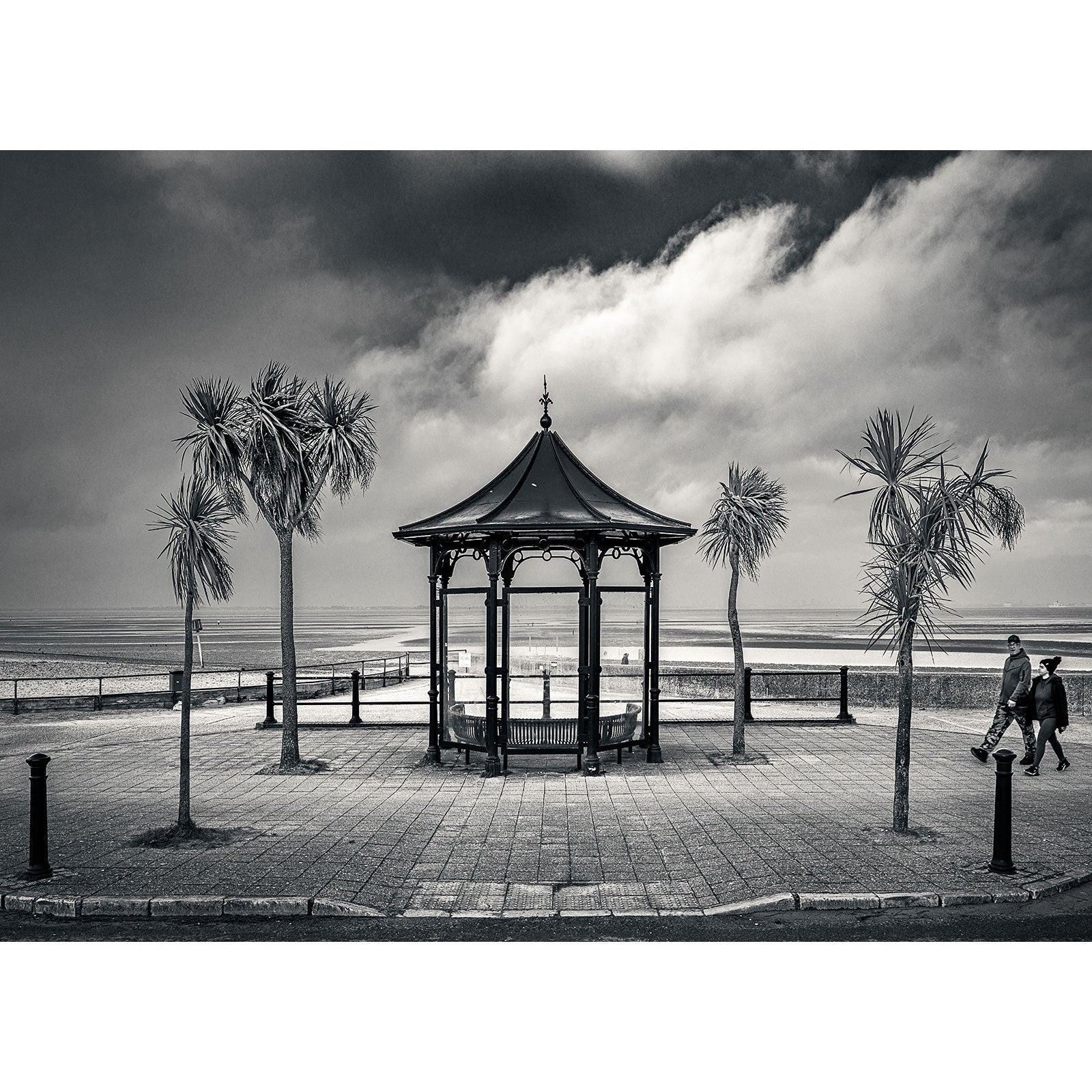 Available Light Photography captures a serene romance with their "Ryde," featuring a seaside gazebo amid swaying palm trees under a moody sky, where a couple strolls along the shore.