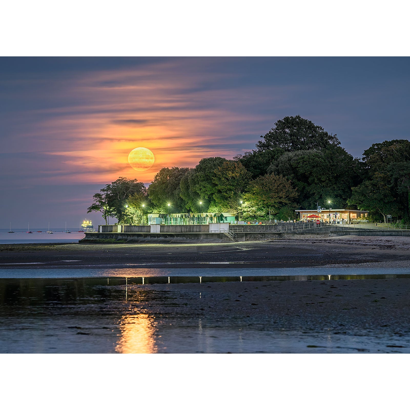 The breathtaking scene of a full moon rising over a coastal area with trees and buildings, reflecting in calm waters during twilight, is beautifully captured in *Moonrise at Appley* by Available Light Photography. This stunning image is cataloged as number 2639.