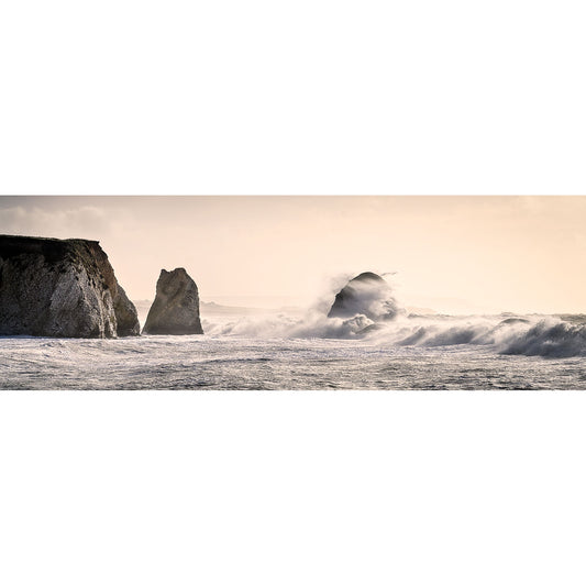 Waves crash against large sea stacks near a cliff under a pale sky, creating a dramatic ocean scene reminiscent of turbulent yet serene nature, captured in "Freshwater Bay" by Available Light Photography.