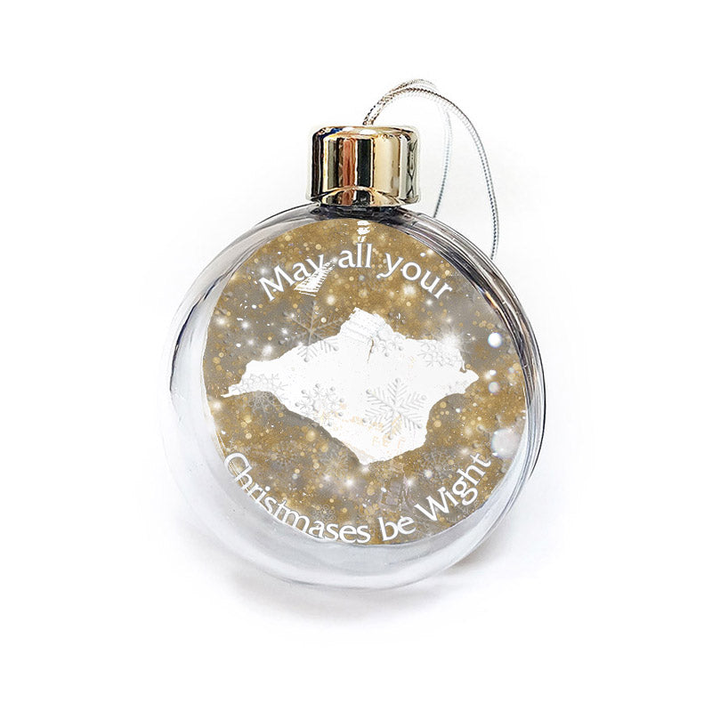 Introducing the "May all your Christmases be Wight bauble" by Available Light Photography, featuring a clear design with a gold glitter background, adorned with white snowflakes and elegant text.