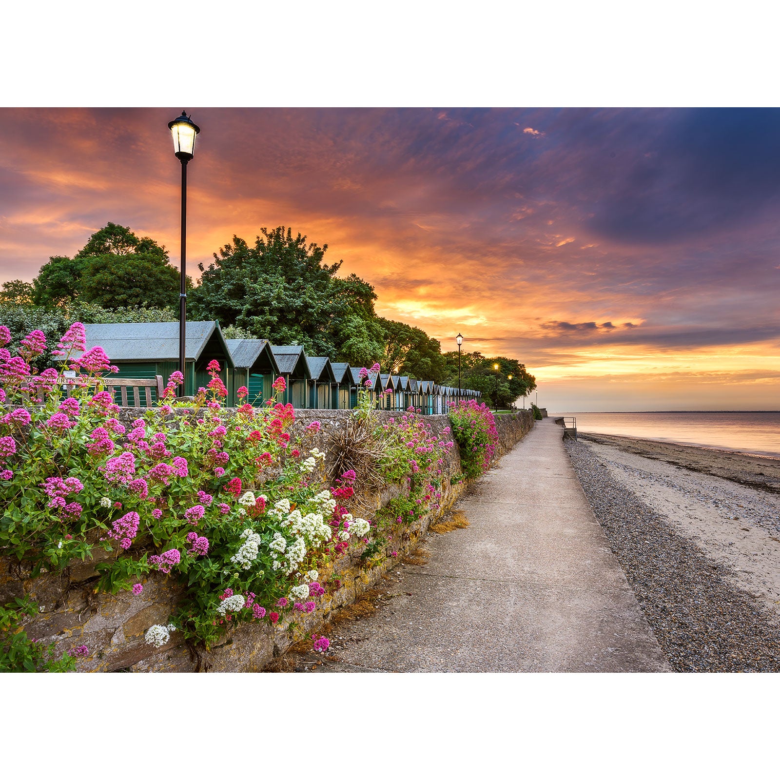 A tranquil seaside walkway in Puckpool, Ryde on the Isle of Wight, lined with colorful flowers and beach huts under a spectacular sunset sky by Available Light Photography.