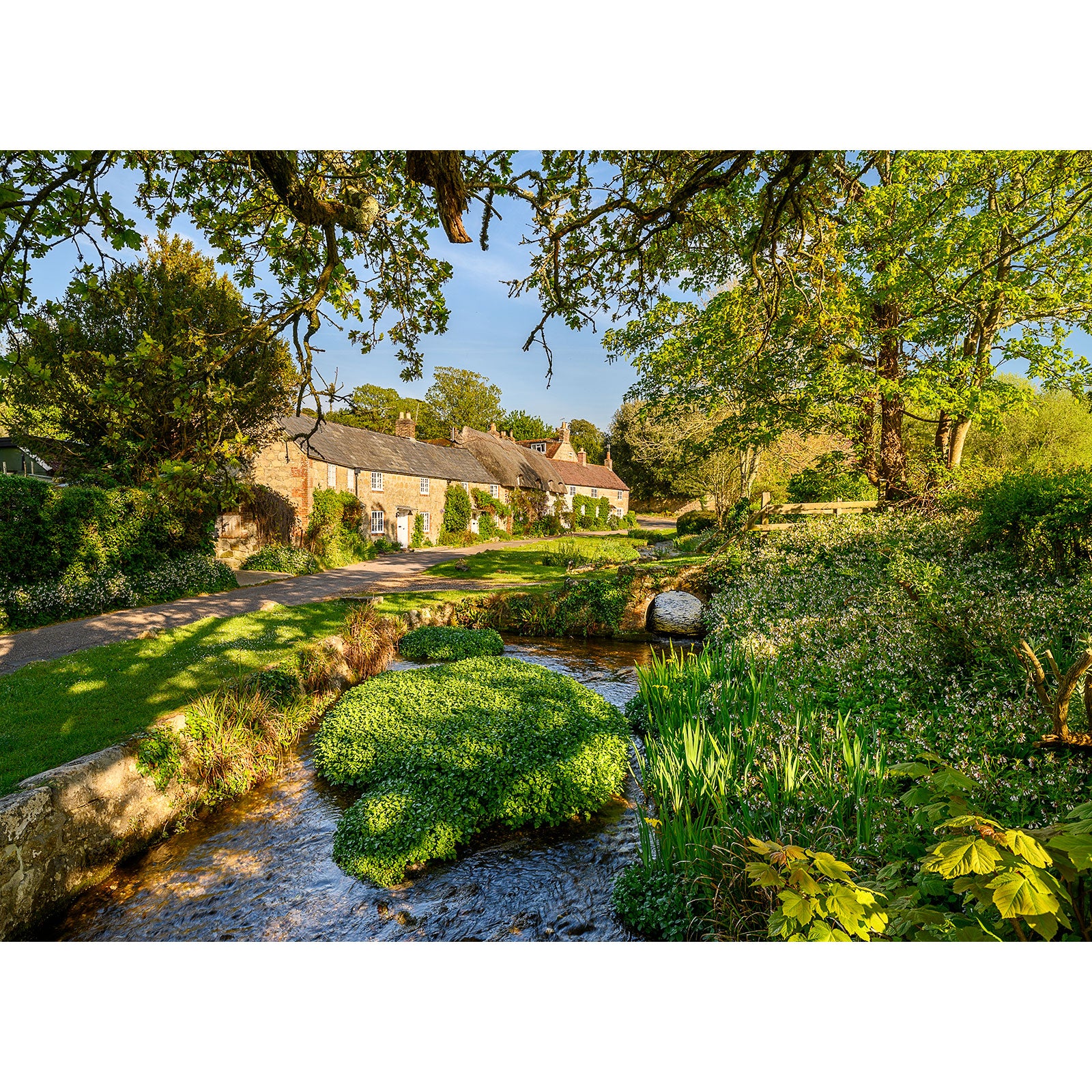 Idyllic rural scene on the Winkle Street with a stream, lush vegetation, and traditional stone cottages in the background captured by Available Light Photography.